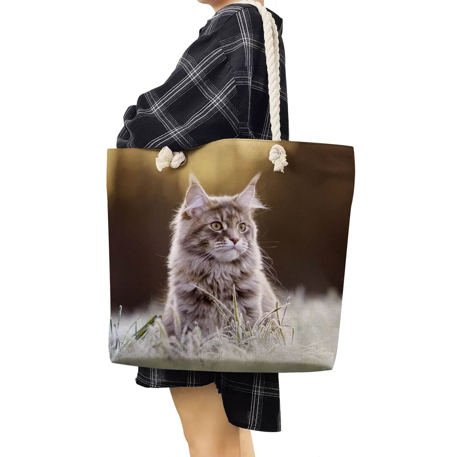 Maine Coon Cat Print Handbags Groceries Women Shopping Bags Large Capacity Shoulder Bag Teacher Office Tote Thick Rope Beach Bag