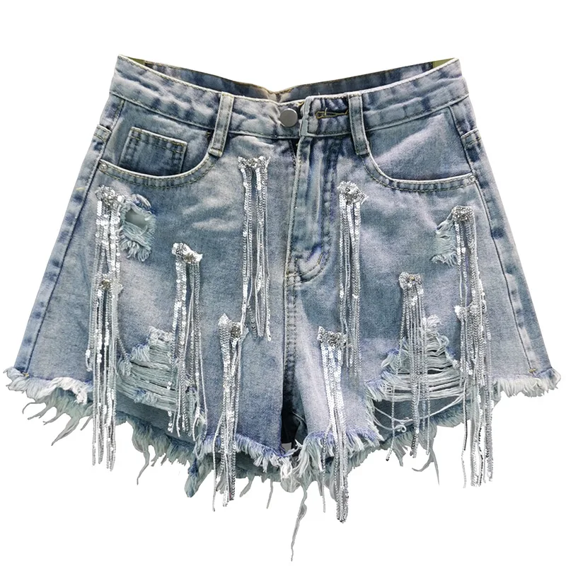 Jeans Shorts Woman 2023 Summer New European Streetwear Style Loose High Waist Sequin Fringed Ripped Denim Hot Pants