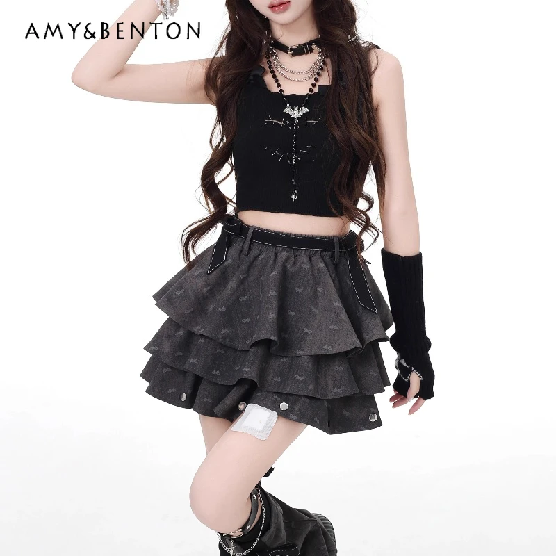 

Original Dark Pattern Dark Gray Women's Cake Skirt Autumn New Sweet Cool Versatile Age-Reducing Skirts Ladies (With Leg Warmers)