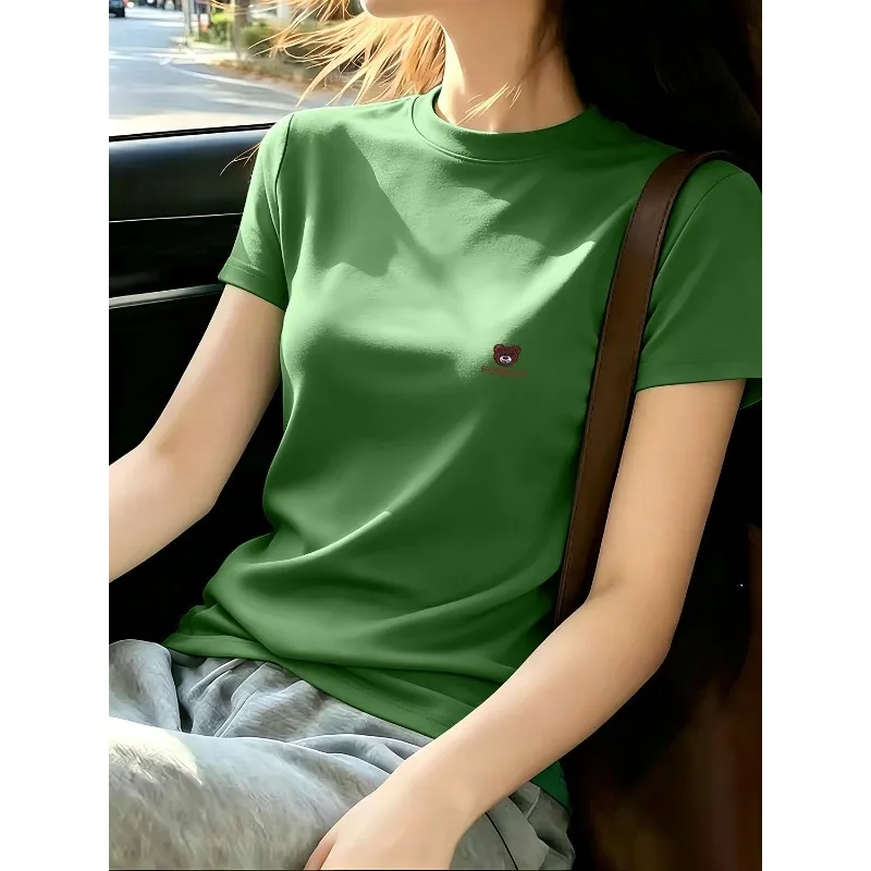 Women Solid Green Crew Neck Short Sleeve T Shirt Mini Bear Embroidery Ice Silk Slim Summer Tops