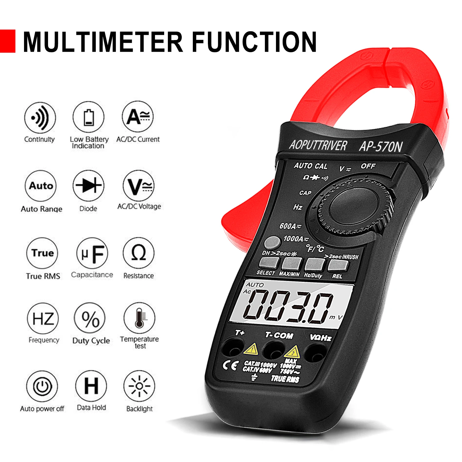 570N Clamp Meter 6000 Counts 1000A AC/DC Auto Range IEC1010 CAT III 1000V 45mm Jaw Inrush Backlight for HVAC Electrician CE