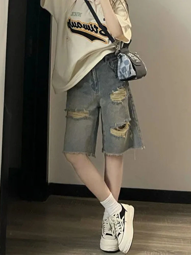 

Ripped Shorts Women High Street American Retro Straight Denim Classic Empire Casual All-match Ins Trendy Hole Aesthetic Simple