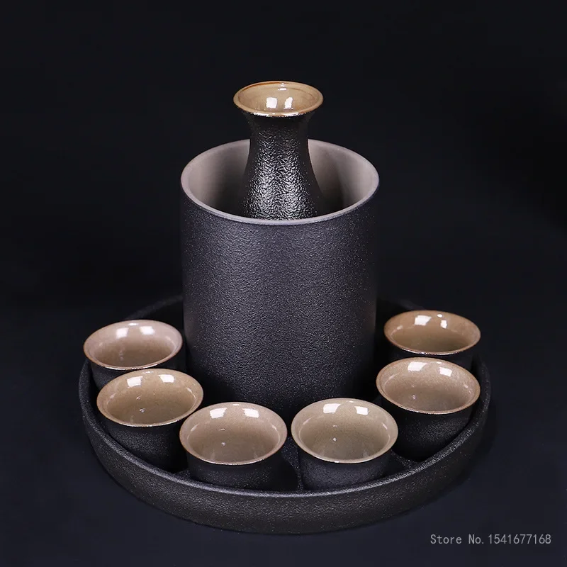 

Japanese Style Ceramic Sake Pot Cup Set Black Pottery Liquor Flask Wine Bottle Cups Tray 9pcs/Set