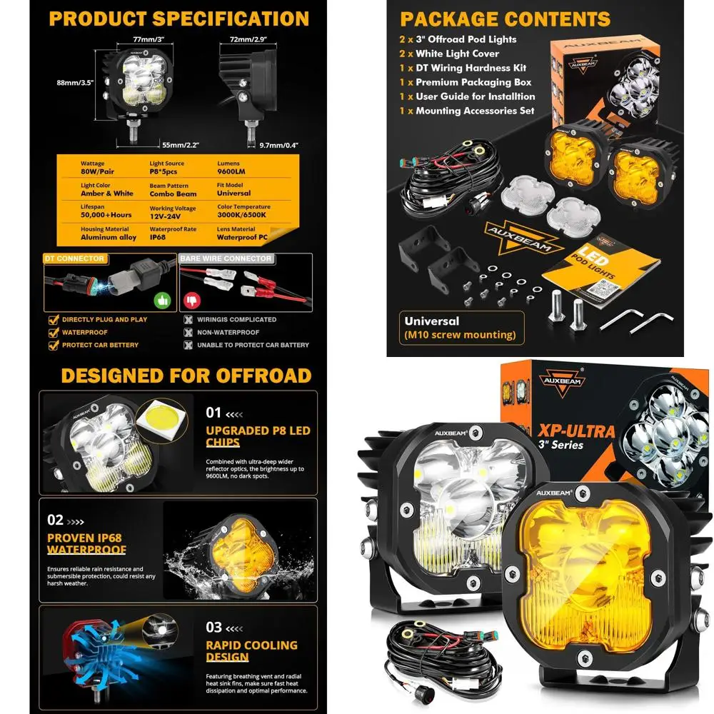 80W XP-Ultra Series LED Off-Road Lights, Amber Fog & White Spot Flood Combo, Pair with White/Amber Covers