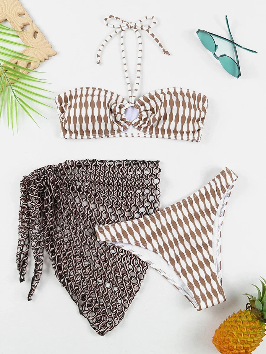 3 Pieces Triangle Halter String Ring Link Bikini Beach Skirt Swimsuit Women Swimwear Female Bathers Bathing Swimming Swim Suit