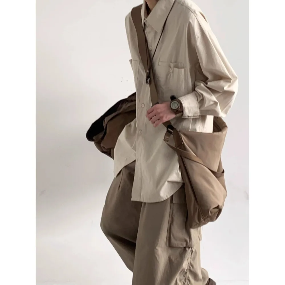 

Весенняя японская винтажная базовая рабочая рубашка, мужская повседневная свободная рубашка с длинным рукавом, однотонная универсальная верхняя рубашка, уличная одежда