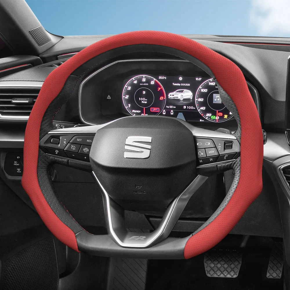 Geeignet für perforierte Lederlenkradbezüge, rutschfest, schweißabsorbierend, atmungsaktiv, integrierter Snap-On-Schutzbezug für Ibiza, Arona, Leon, Sportstourer, Ateca und andere Modelle, Schwarz,