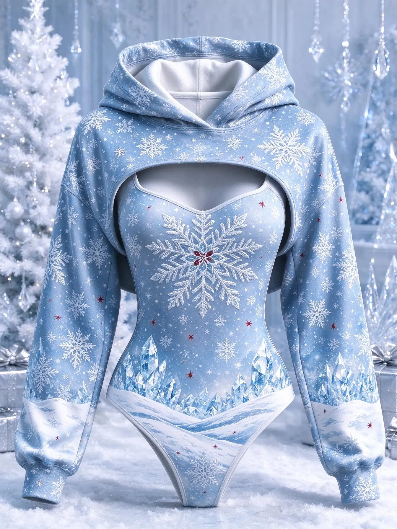 Conjunto de dos piezas para mujer, con estampado de copos de nieve y montañas de hielo, ideal para el invierno, de color azul, con capucha, tipo chaleco y body de manga larga.