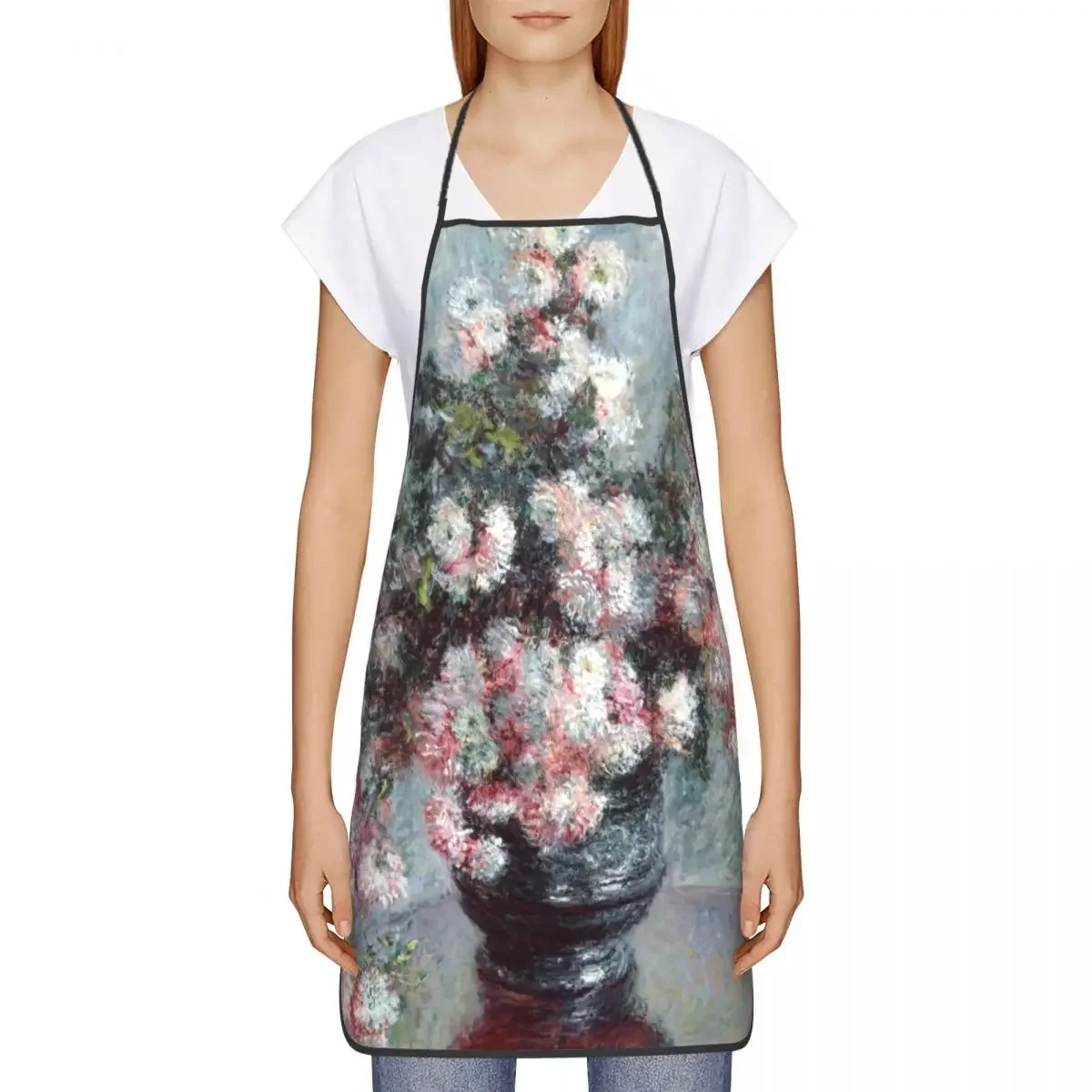 Custom Bib Claude Monet Chrysanthemums Painting Aprons for Men Women Unisex Adult Chef Kitchen Cooking Tablier Cuisine Painting