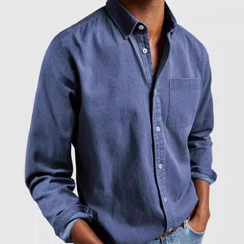 Camicia a maniche lunghe da uomo con bottoni in cotone lavato casual con tasca europea e americana del nuovo