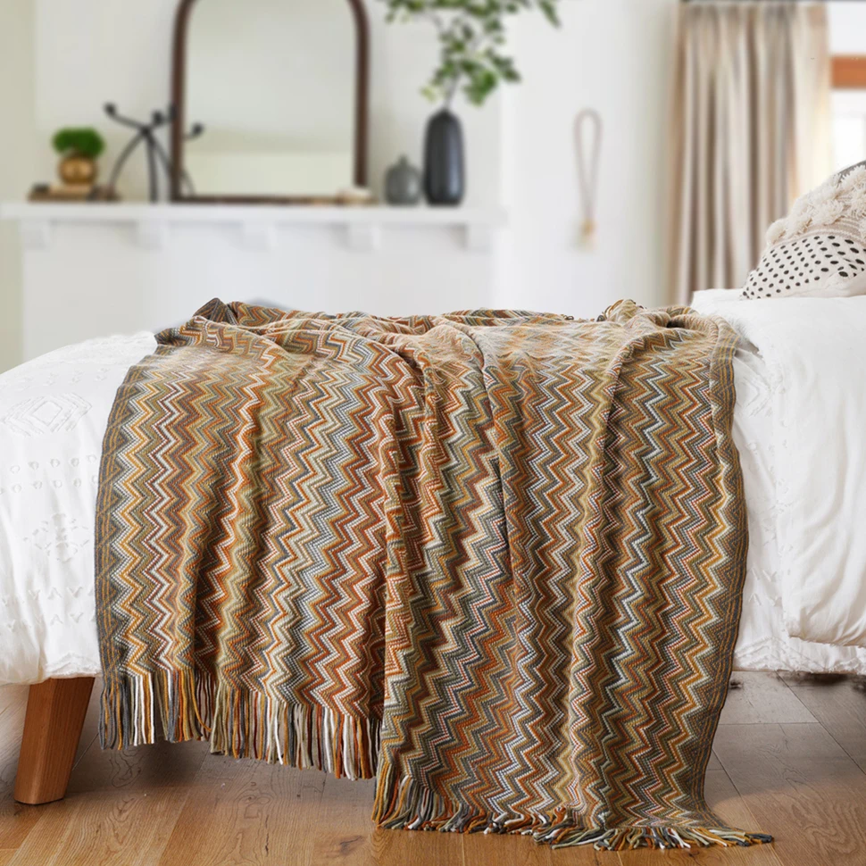 Battilo Boho Throw Blanket Lightweight Knit Throw With Tassels Bohemian Woven Sofa Blankets Soft Bed Plaid Decorative Blanket
