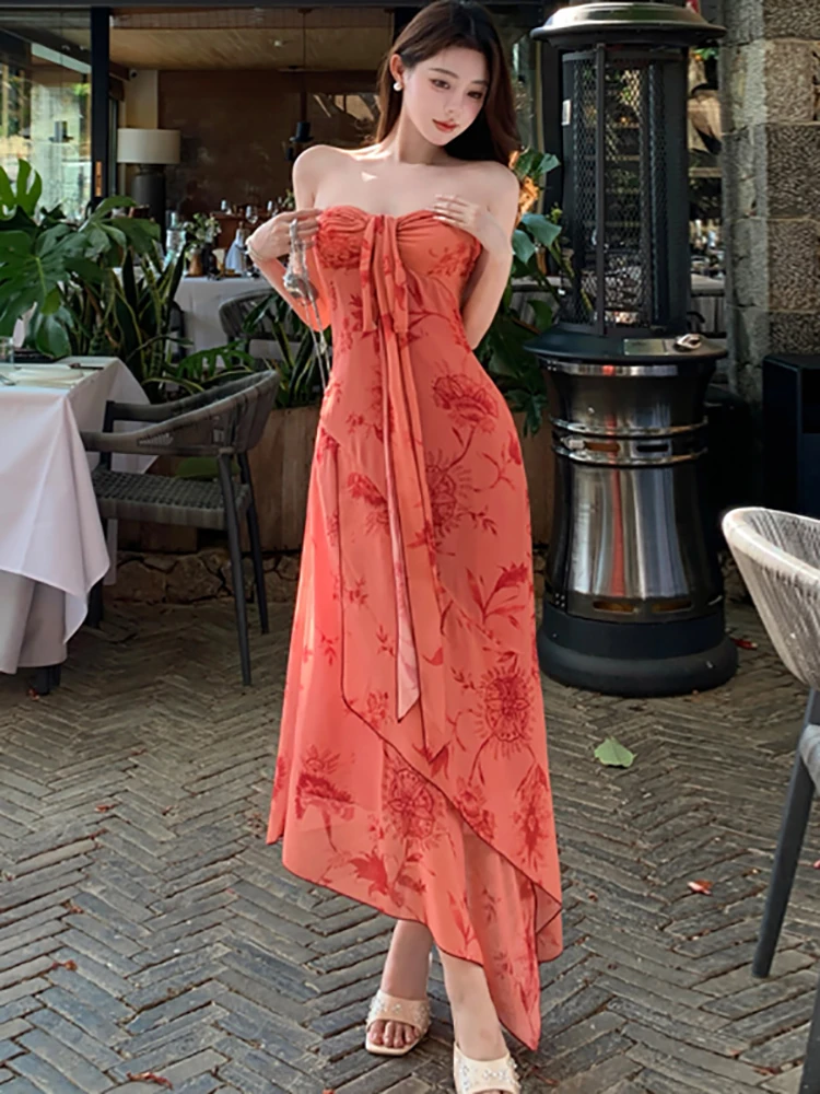 ฤดูร้อนดอกไม้สีแดง Chic Bow หน้าอกห่อชุดยาวเซ็กซี่ผู้หญิงสบายๆชุด 2025 เกาหลี Elegant Bodycon พรหมชุด