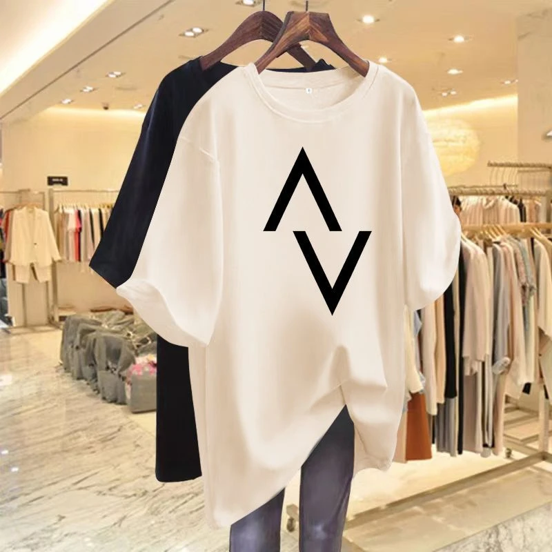 T-shirt da donna in cotone casual sciolto con elegante abbigliamento stampato a maniche corte, maglione di base Y2K 6XL, top girocollo estivo