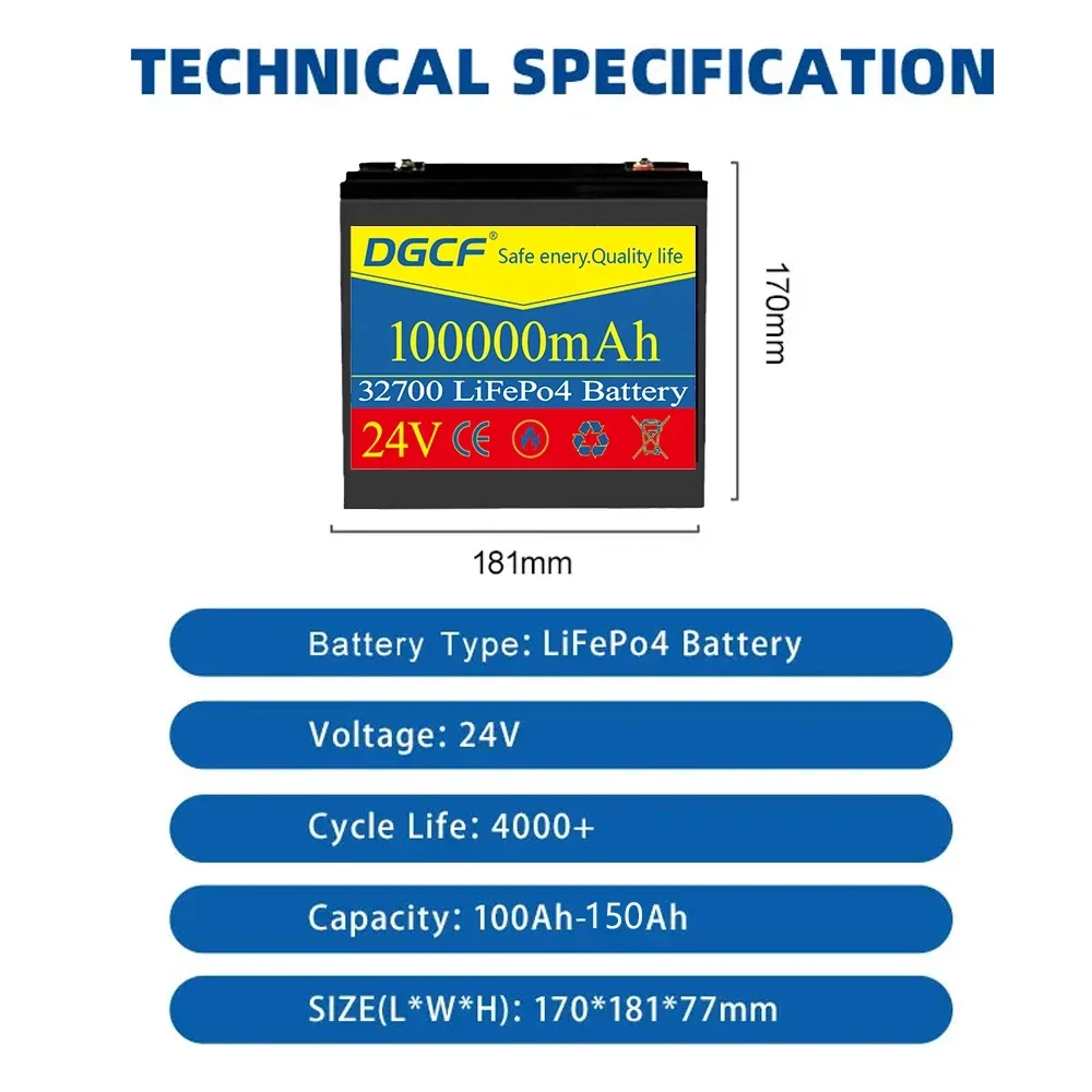 

LiFePO4 100A 32700 24V Battery with Built-in BMS for RV Solar Power System Rechargeable Lithium Iron Phosphate Trolling Battery