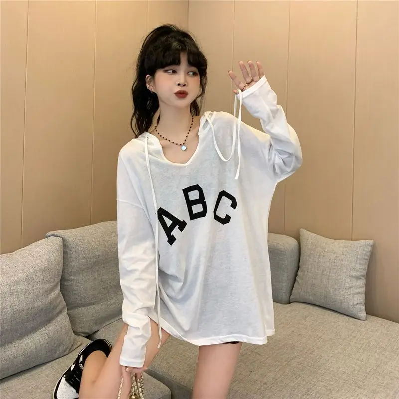 Hooded Thin Long Sleeve Tops Tees Summer New Printing Letter Solid Color Loose Trend Casual T Shirts Fashion Sweet Women Clothes