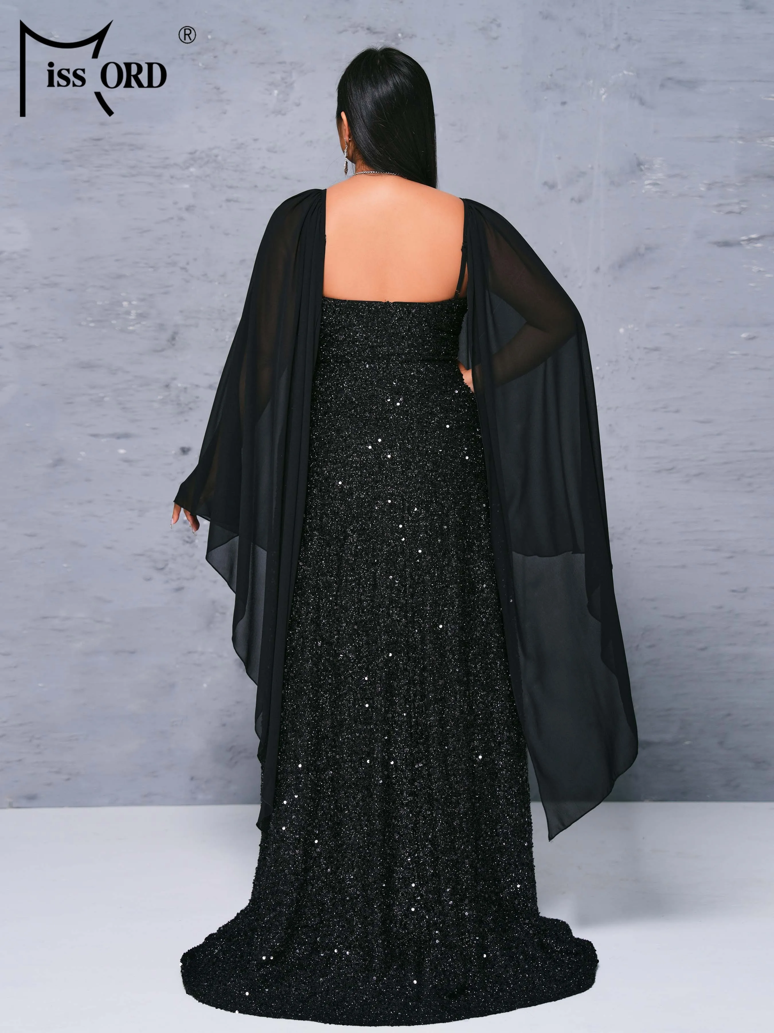 Missord 2024 New Plus Size Church Dress Black Bat Sleeve Sparkling Loose Evening Wedding Birthday Party Formal Occasion Dresses