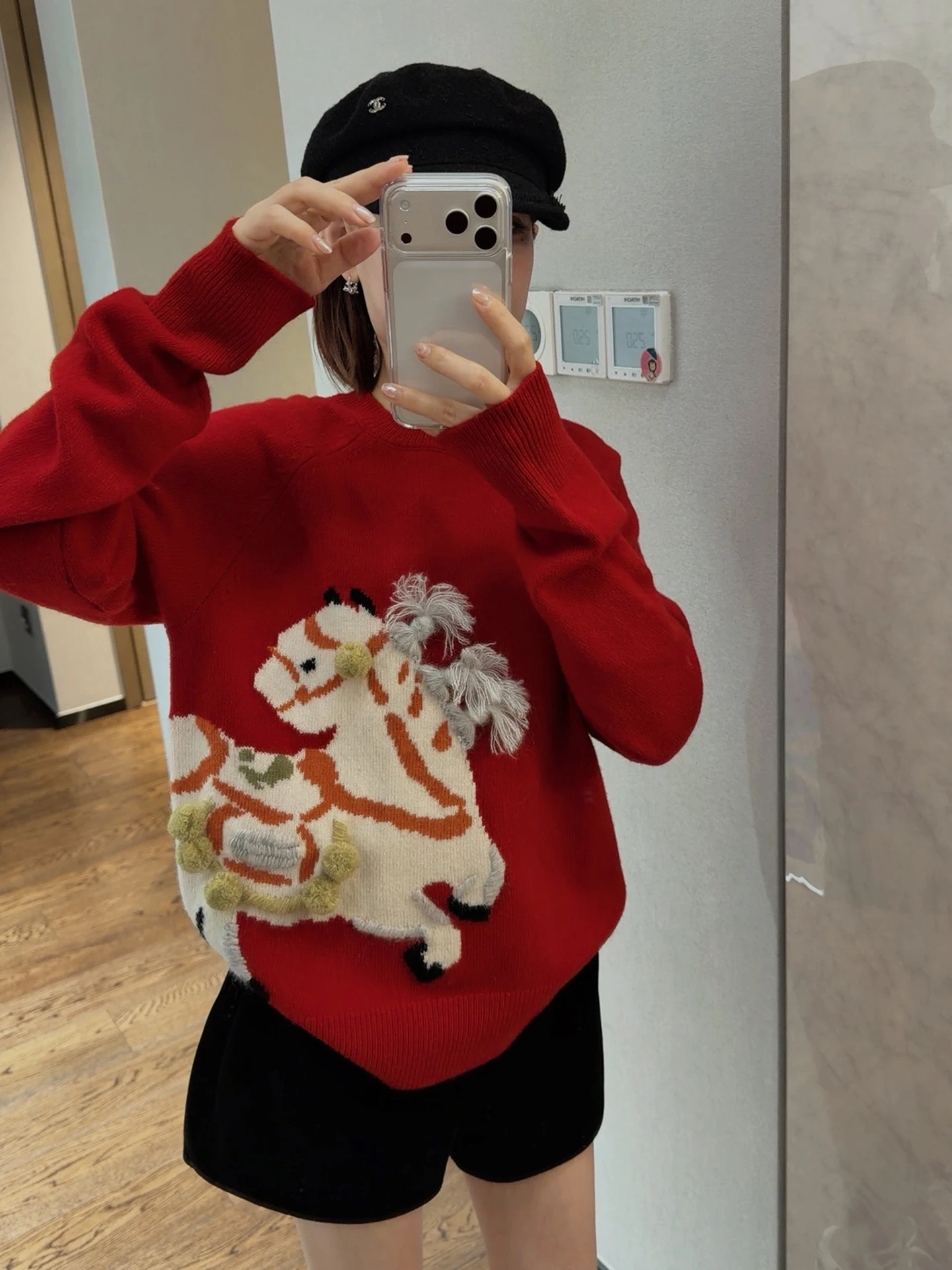 

ASBR 00% Cashmere New Year Red Year Limited Five Flowered Sweater Spring New Sle Women's Soft Warm Knitted Top
