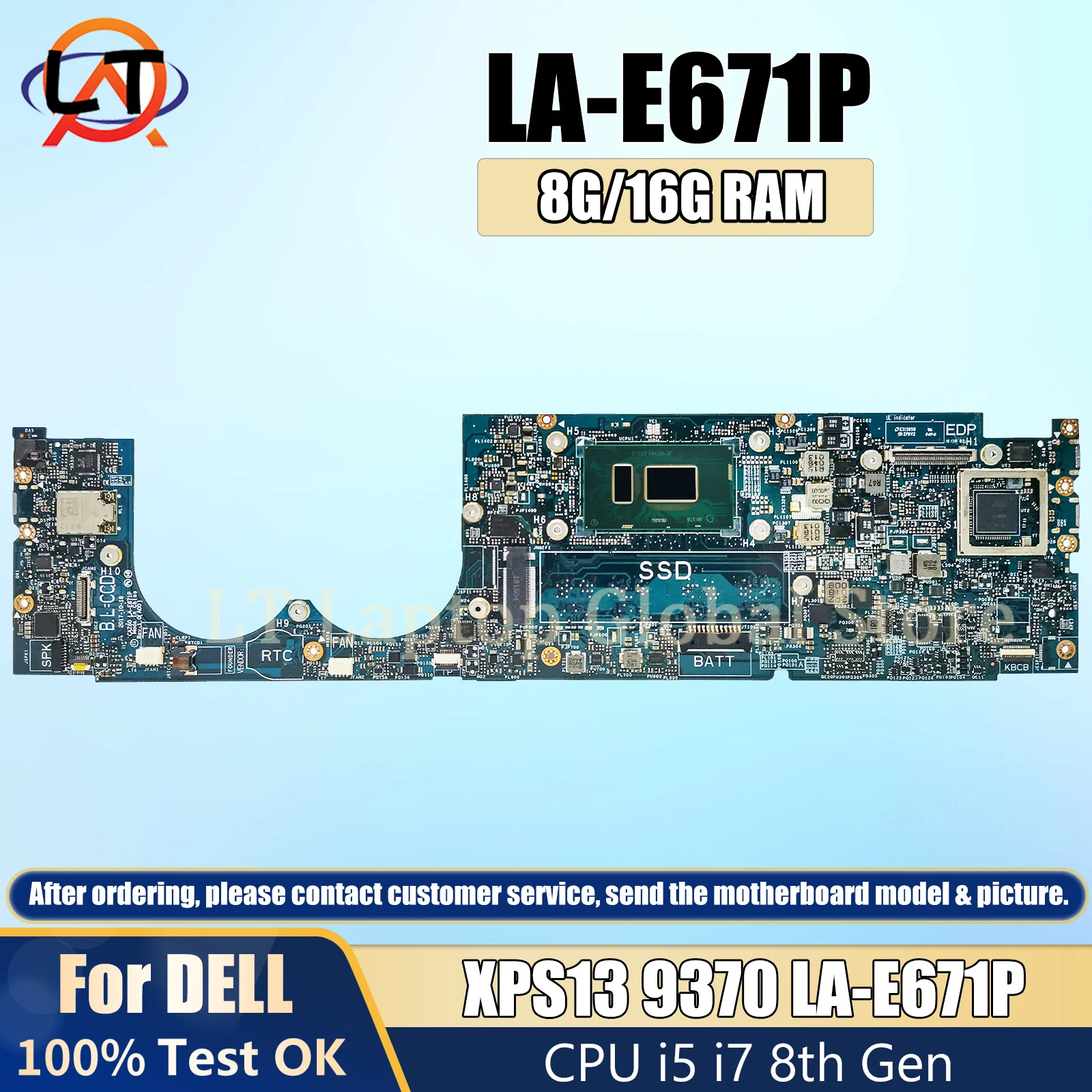 

LA-E671P Laptop Motherboard For DELL XPS13 9370 CN-0N01X1 N01X1 Mainboard with I5 I7 8th CPU 8G/16G RAM 100% Tested ok