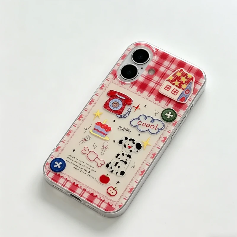 Korean Ins Light Asian Wind Red Plaid Spotted Dog Phone Case For iPhone 17 Air 16 15 14 13 12 11Pro Max Plus Y2k Anti Fall Cover view 5