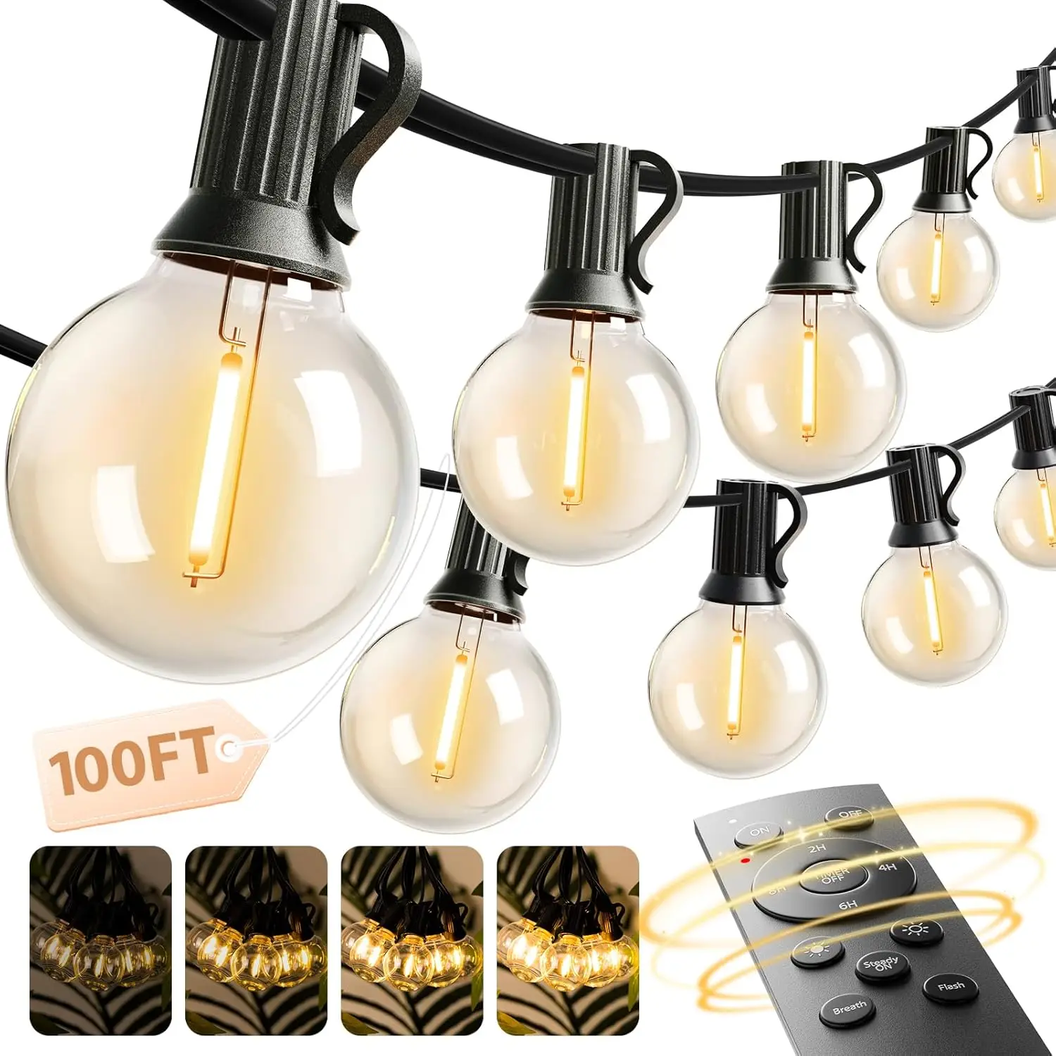 

100FT Outdoor String Lights G40 with Remote, 54 LED Dimmable Bulbs, Waterproof Patio Lighting for Backyard, Deck, Garden, Porch