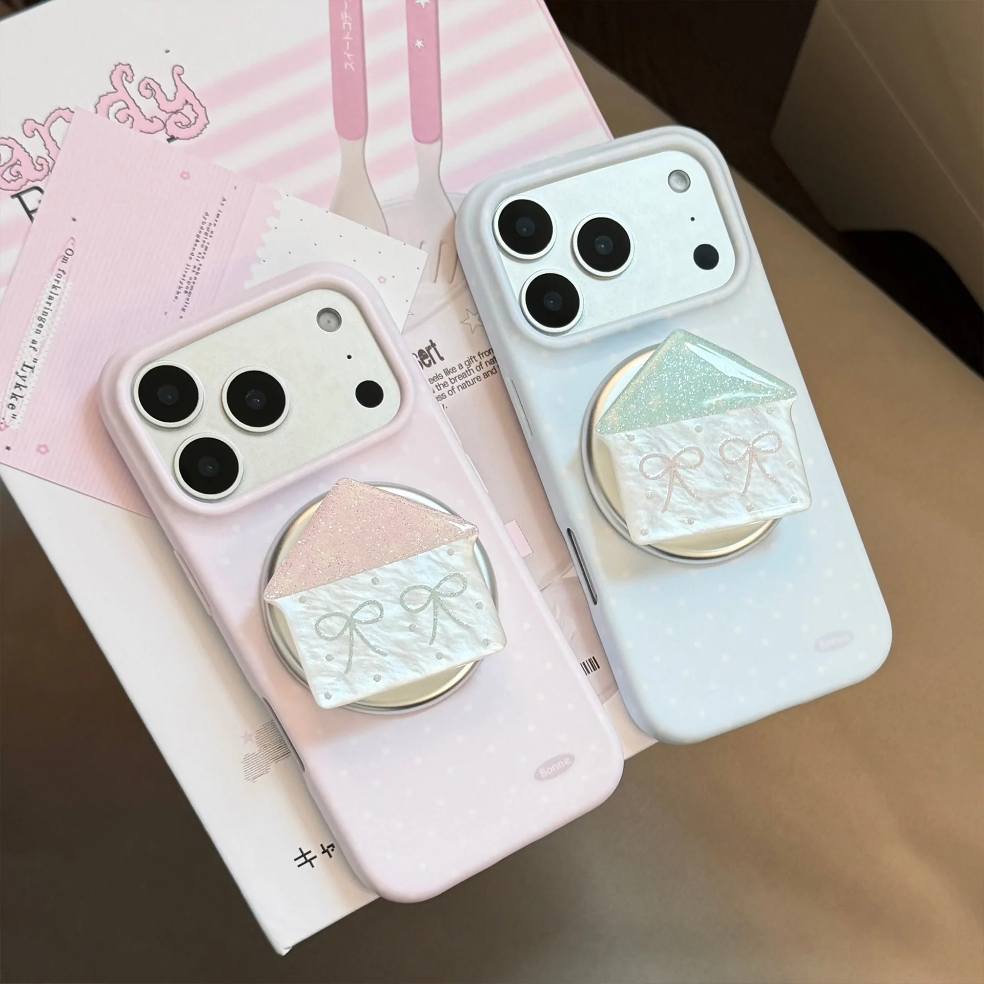 Coque de téléphone antichoc souple à motif de pois coréens, nœud papillon scintillant et support magnétique pour iPhone 17 16 15 14 Pro Max