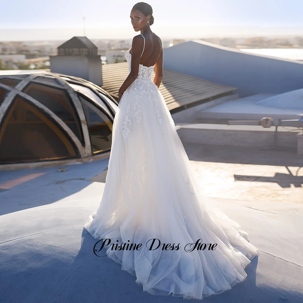 Graceful Side Slit Spaghetti Straps Tulle Wedding Dress for Women Brides Customized Appliques Sleeveless Sweetheart Bridal Gowns