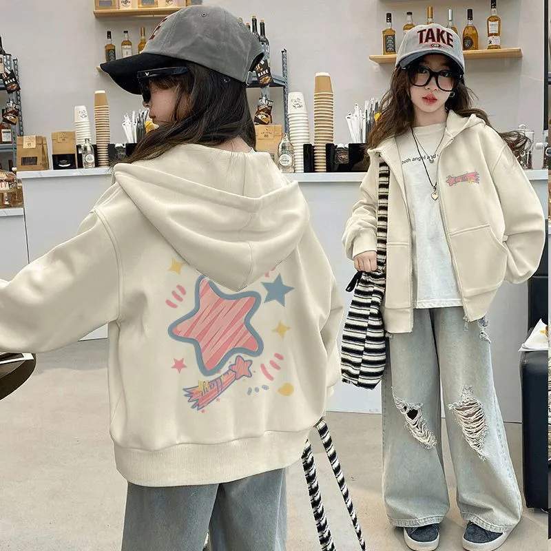 American Streetwear Star Print Fleece-gefütterter Kapuzenpullover mit Reißverschluss für Mädchen, Herbst/Winter, stilvolles Design