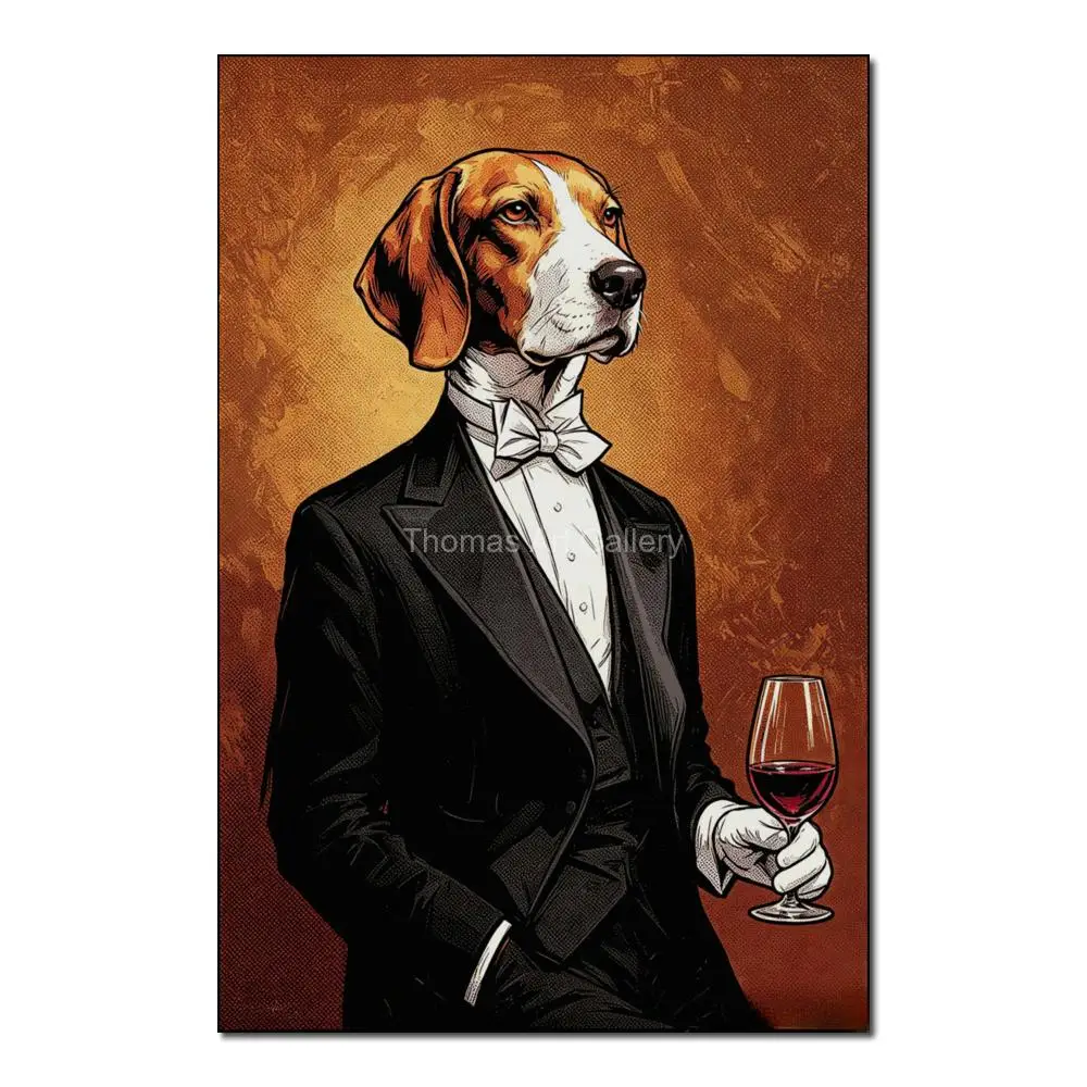 Large Traditional Gentleman Beagle Wine Canvas Print Anthropomorphic Dog Portrait Wall Art for Living Room Bar Pub Home Decor