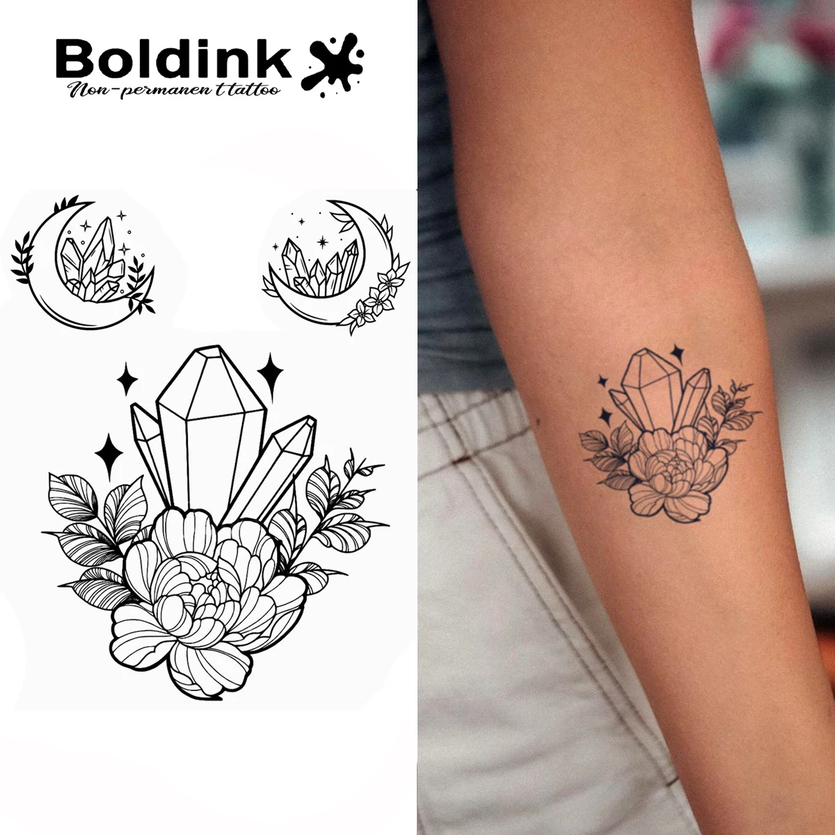 

Boldink Minimalist Tattoo Patch - Black and White Crystal Flower Combination | 1-2 Week Durable Waterproof