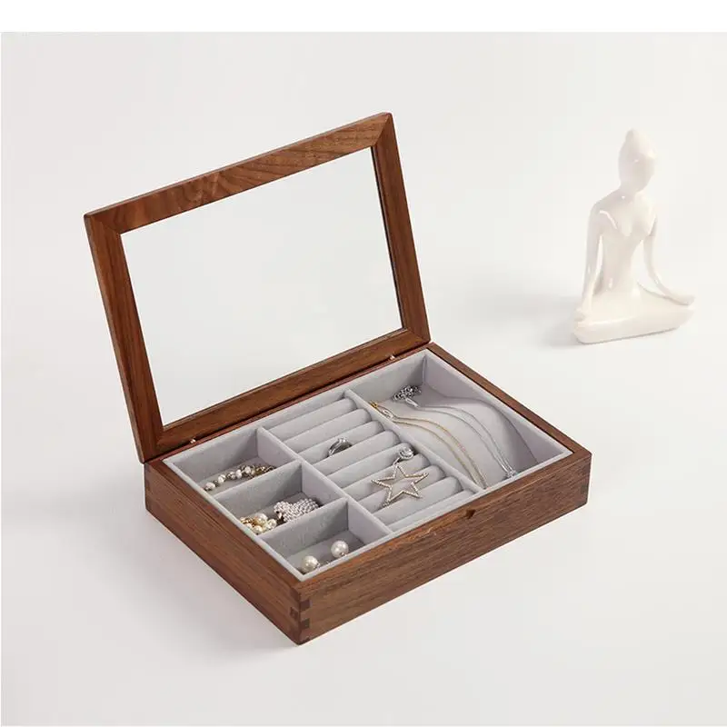 

Flannel Wooden Jewelry Box Transparent Glass Cover Home Storage Boxes Earrings Necklace Organizer Tray Display