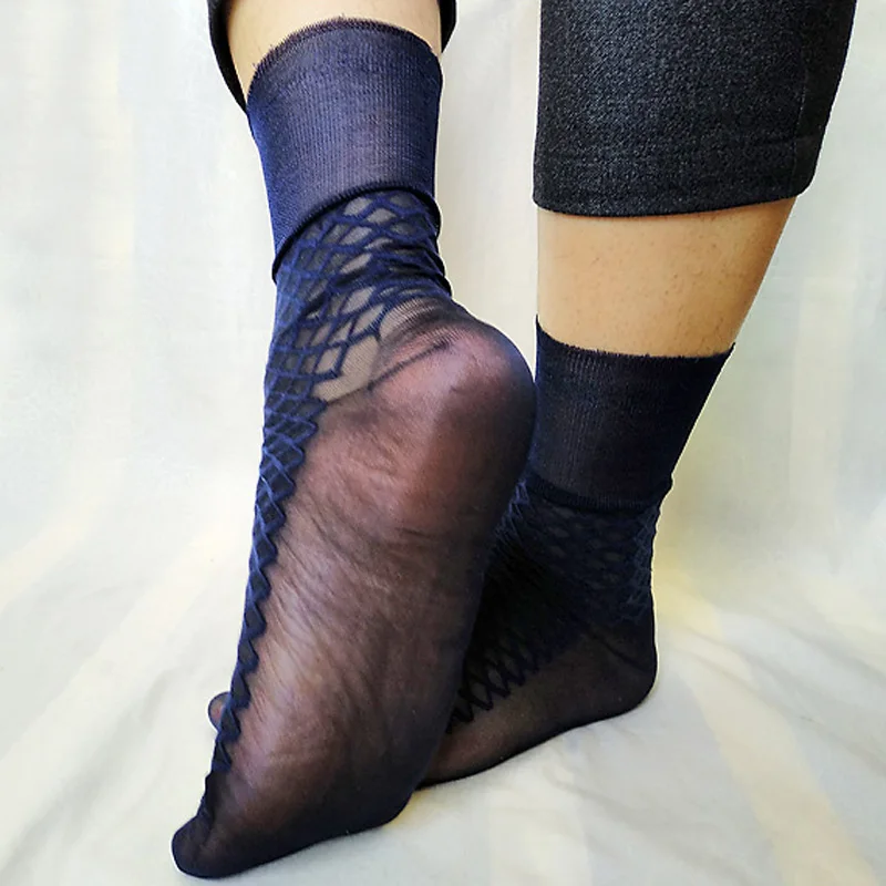 

Men's Nylon Silk Socks Sheer Thin Formal Sexy Jacquard Business Slip Dress Suit Socks See through Transparent Male Stockings
