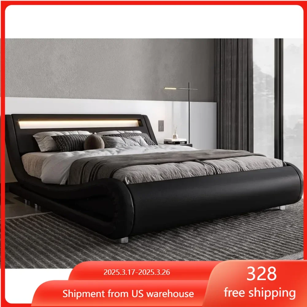 Modern Beds LED Platform Bed Frame with Adjustable Headboard/No Box Spring Need/Easy Assembly Faux Leather in Bed Frames