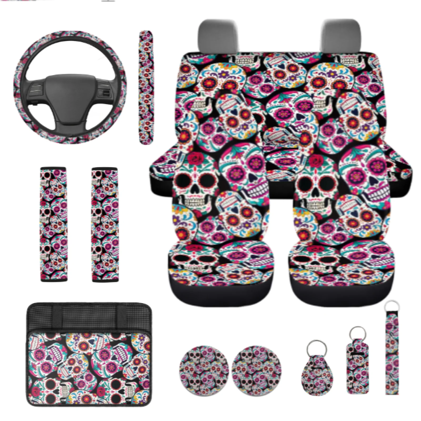 Coloranimal 13 Pcs Auto Interior Accessories Set, Car Seat Covers, Steering Wheel Cover, Coasters, Keychains, Suitable for Cars