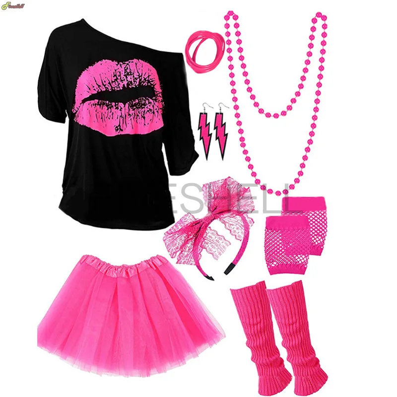 1980s Prom Costume Necklace Headband Gloves Knee Pads Bracelet Glasses Set Prom Dress Up for Girls Party Costume Accessories