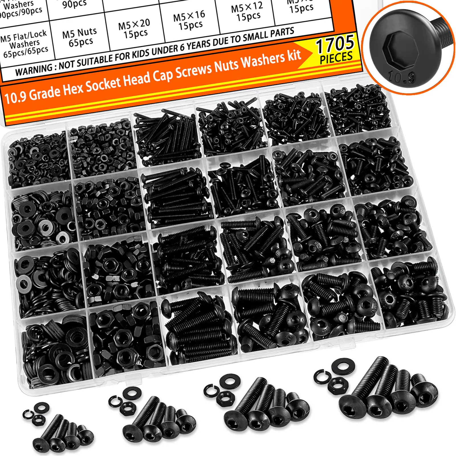 

1705PCS M2 M3 M4 M5 Screw Assortment Kit, 10.9 Alloy Steel Hex Button Head Bolts Nuts Set with Flat/Lock Washers