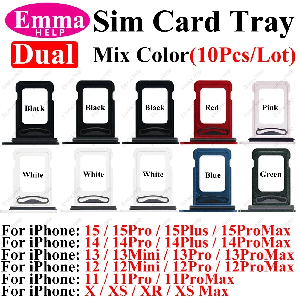 10pcs Dual / Single Sim Tray Card Holder Slot for iPhone 15 Plus 14 Pro 12 13 11 Max X XR XS Sim Nano Adapter Drawer Fix Par