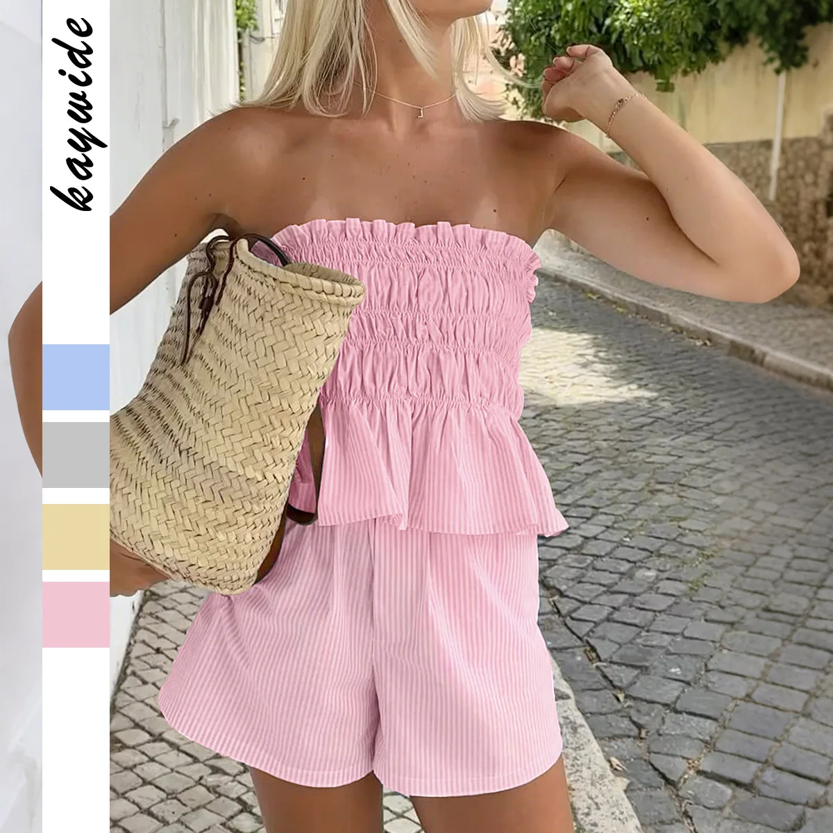

2 Piece y2k Outfits Women Summer Striped Print Ruched Bandeau Tube Top and Loose Shorts 2000s Clothing Streetwear