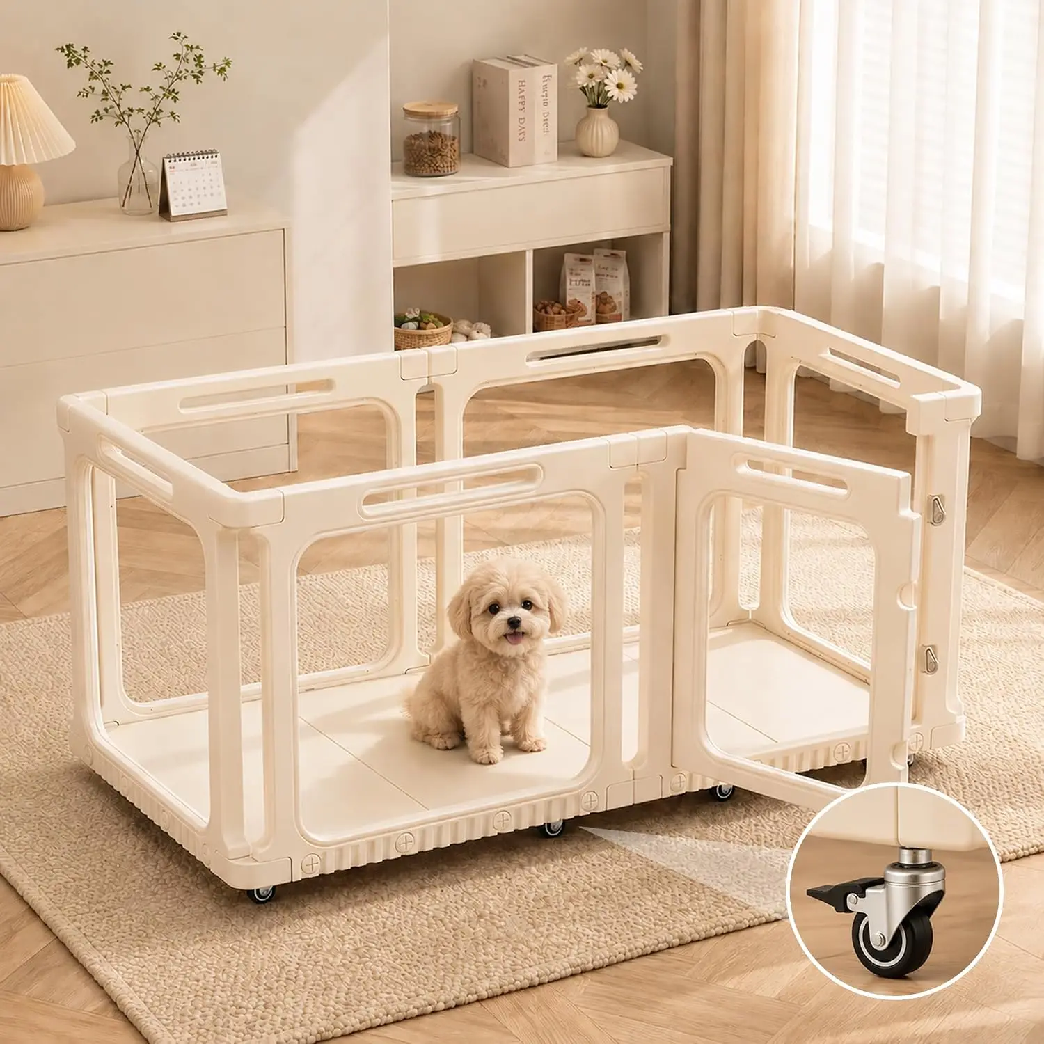 Movable Acrylic Dog Playpen Indoor Puppy Pen with Base Plate and 12 Wheels