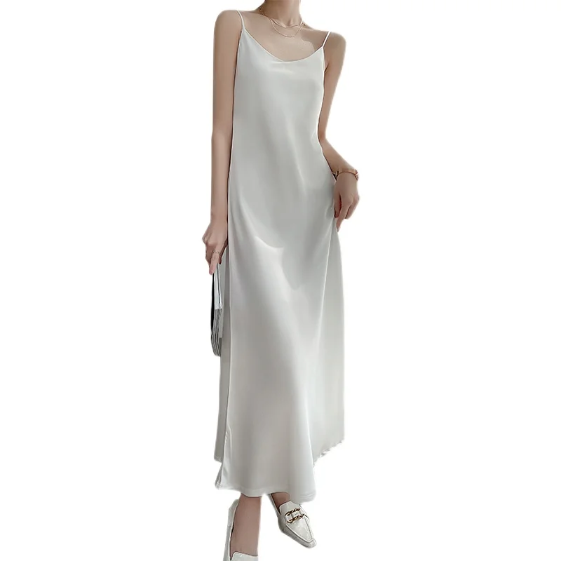 실크 브이넥 미디 드레스 여성 여름 이너웨어 블랙 화이트 아세테이트 새틴 리얼 실크 슬림 A라인 드레스 엘레 출퇴근 스타일