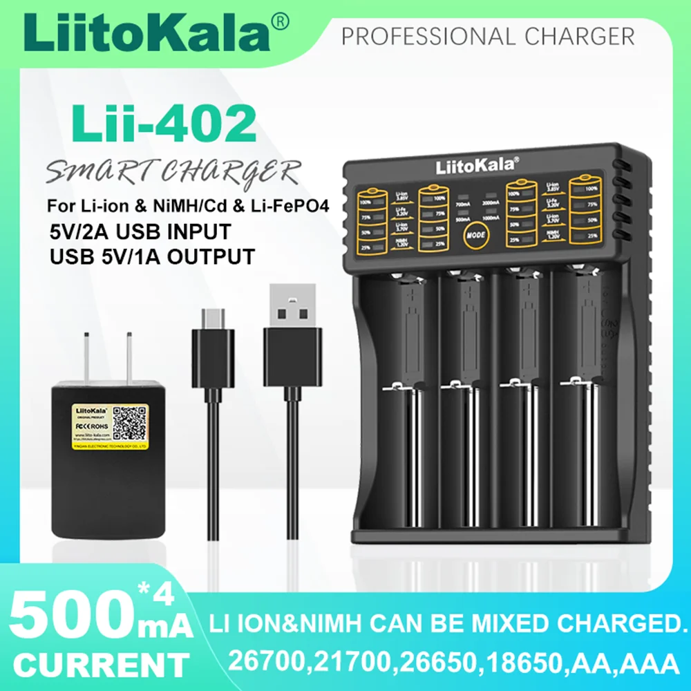 Liitokala Lii-402 ładowarka 18650, niezależna kontrola czterech gniazd, 1.2V 3.7V litowa NiMH 26650 21700 18350 14500 AA