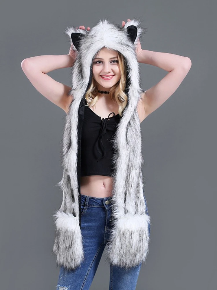 Topi Bulu Wanita Model Kartun, Syal, dan Sarung Tangan dalam Satu Set Tiga-in-Satu, Topi Bulu Lucu untuk Wanita
