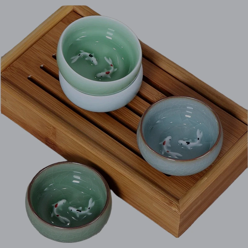 60ml Crackle Golden Fish Celadon Porcelain Teacups Delicate Longquan Tea Cup Bowl Kungfu Serviceable Chinese Tea Cup Tea Making