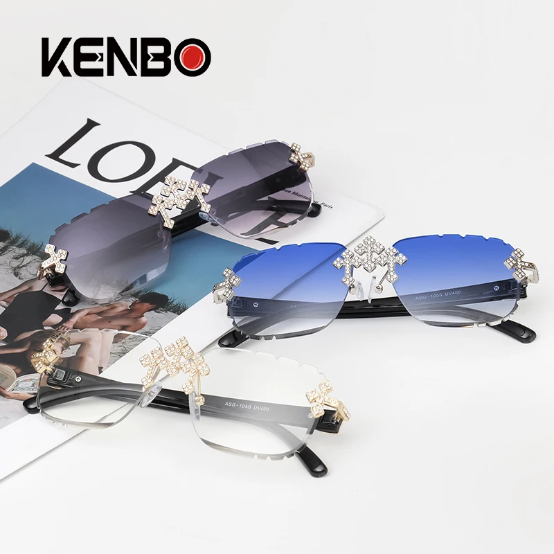 

Kenbo Square Rimless Sunglasses For Women Cross Diamond Metal Frame Luxury Eyewear Cut Lens Fashion UV400 Shades Sun Glasses
