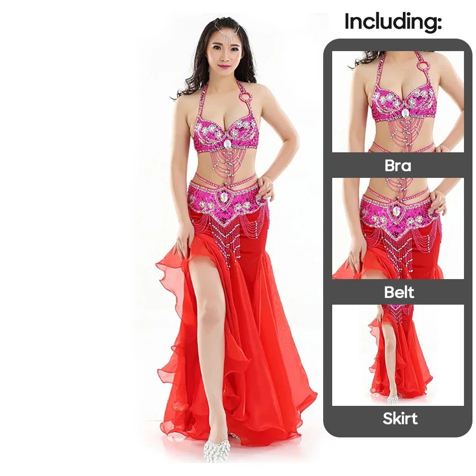 

Flannel Skirt and Handmade Belt Bra Suit Set For Summer Performance Costume Performance Suit Costume Belly Dance Accessories