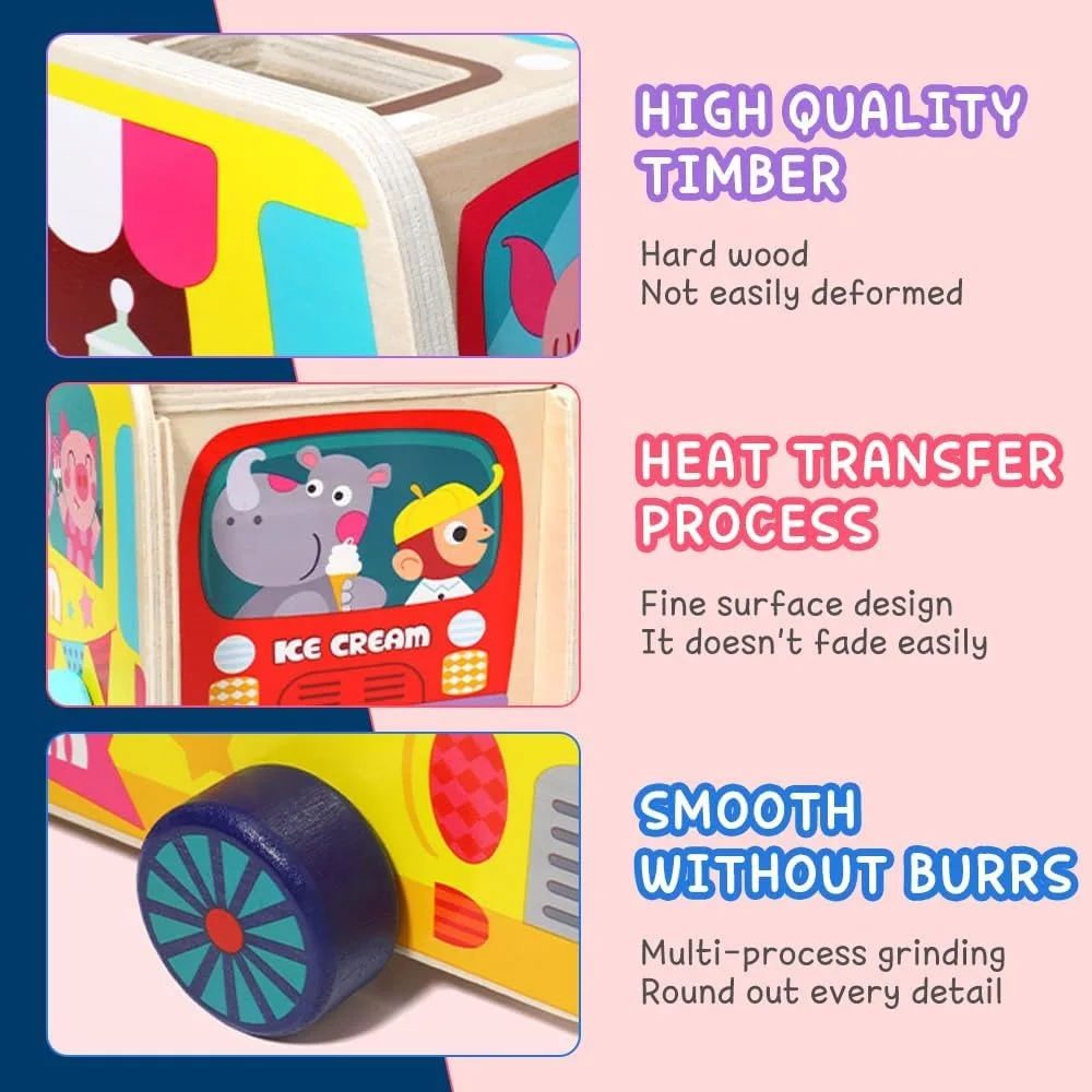 Camion de crème glacée en bois, jouet de crème glacée 27 pièces pour enfants, salon de crème glacée enfants en bois avec roues mobiles et magnétiques