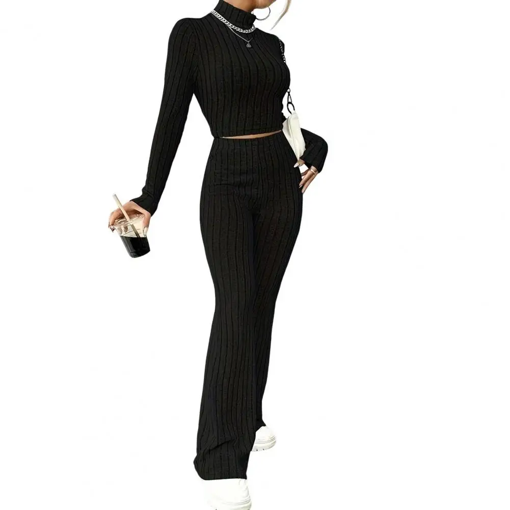 Women\'S Two Piece Knit Outfits Winter Warm Ribbed Turtleneck Sweaters And Wide Leg Pants Tracksuit Sets Pant Suit Pull