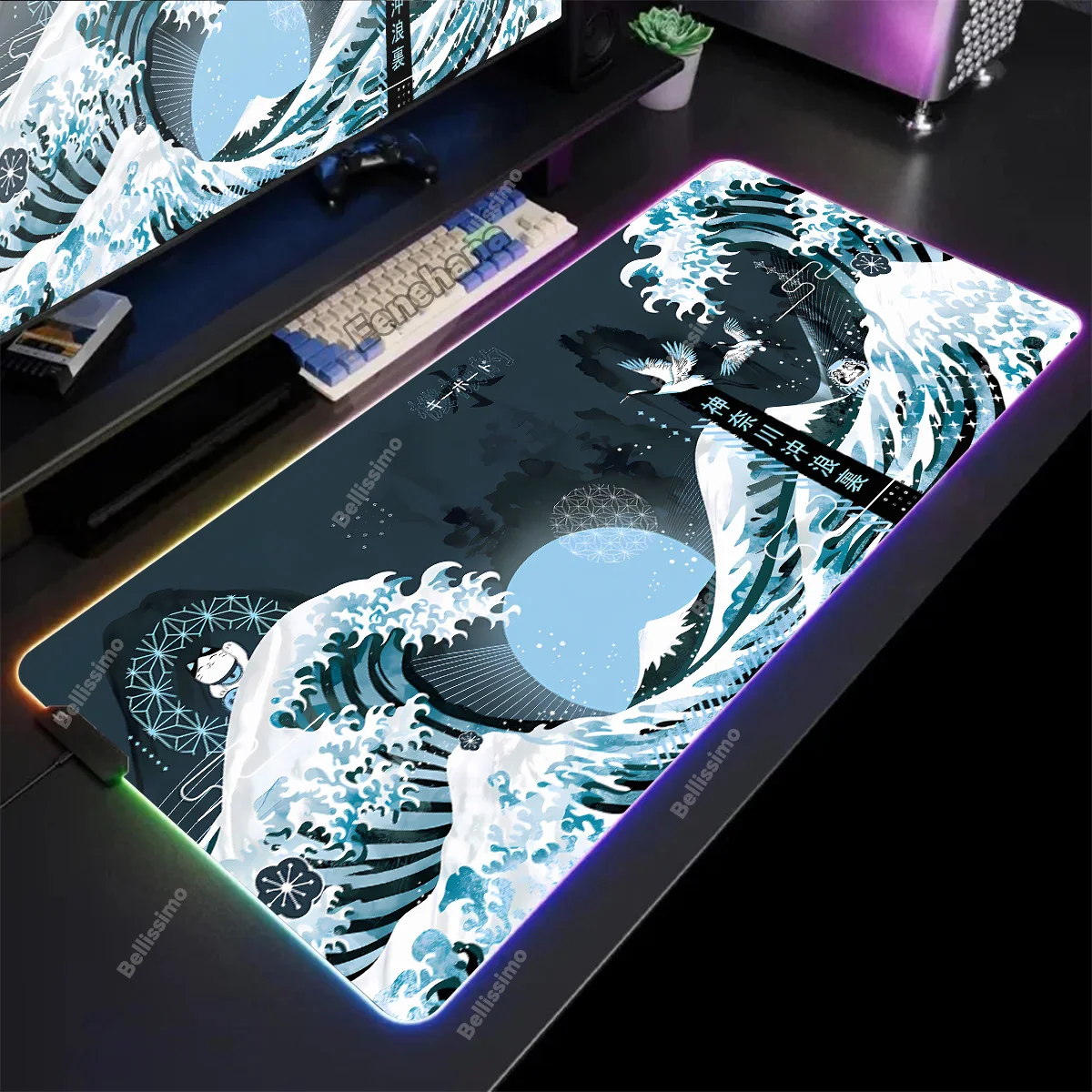 

Japan Kanagawa waves E-Sports RGB Mouse Pad Gamer Computer LED Lighting Keyboard Desk Mat Home Office Laptop Non Slip Mousepads