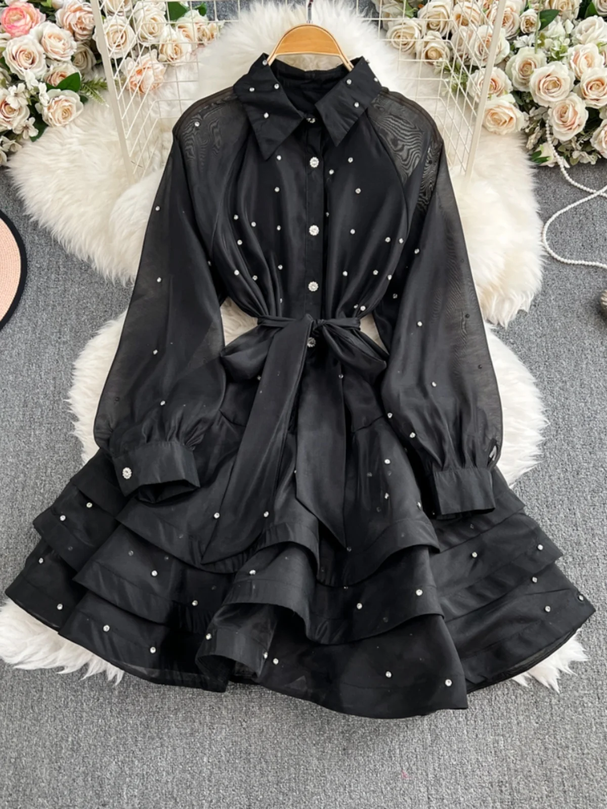 Faionable Diamond Embellished Puffy Sve Midi Dr Gonna da donna a vita alta dimagrante ecian Sle Gonna coreana Sle lunga Sve