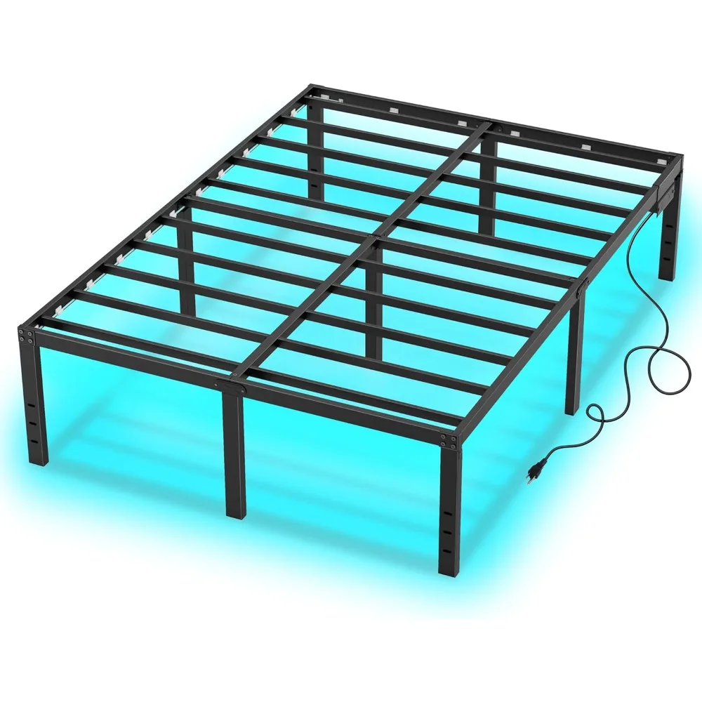 

Extra Large Bed Frame with LED Lights, Extra Large Platform Bed Frame, 14 Inch High Mattress Base, No Need for Springs
