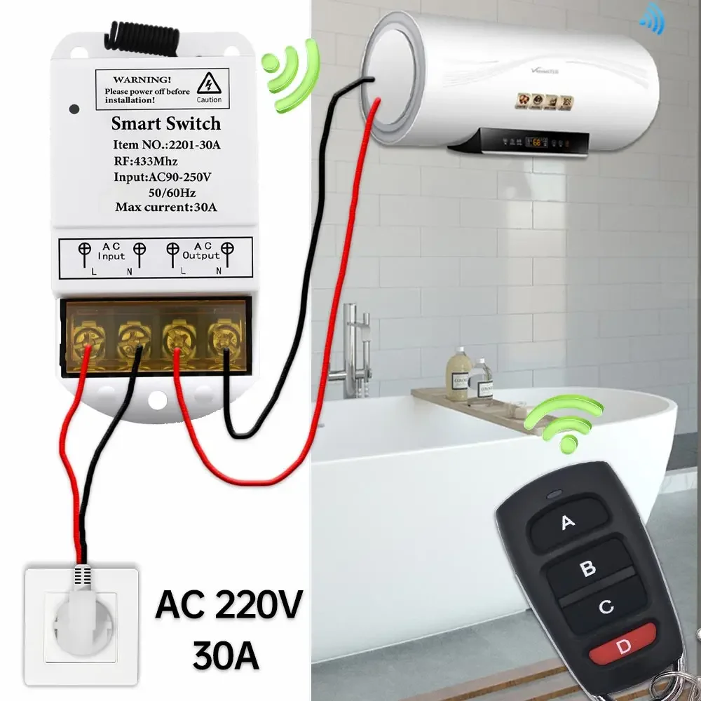 433Mhz RF Wireless Remote Control Swtich AC 110V 220V 30A High Power Relay Receiver and 4 Button Transmitter,for Pump Light Fan